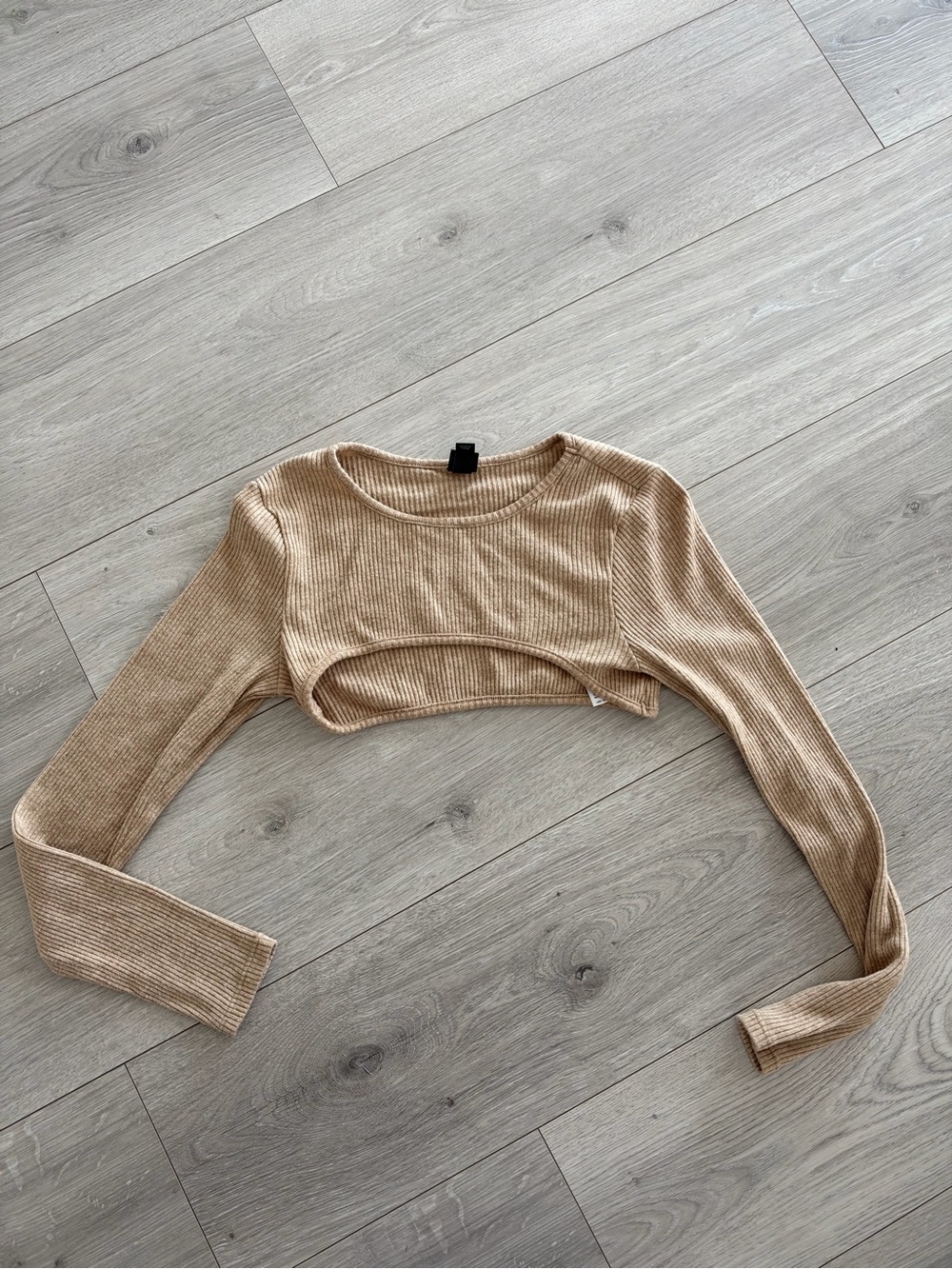 Ribbed Beige Cropped Long-Sleeve Top